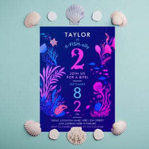 Girly Colourful Pink Blue Ocean Fish Birthday Invitation