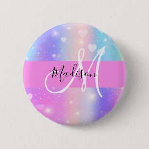 Girly Colourful Unicorn Rainbow Hearts Monogram 6 Cm Round Badge