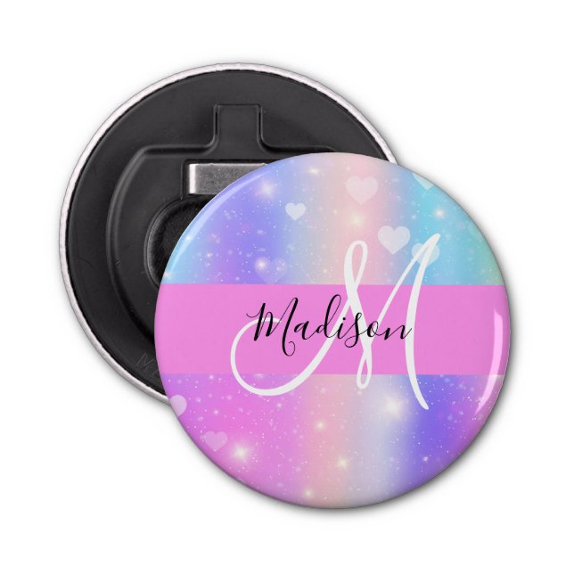 Girly Colourful Unicorn Rainbow Hearts Monogram Bottle Opener (Front)