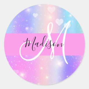 Girly Colourful Unicorn Rainbow Hearts Monogram Classic Round Sticker