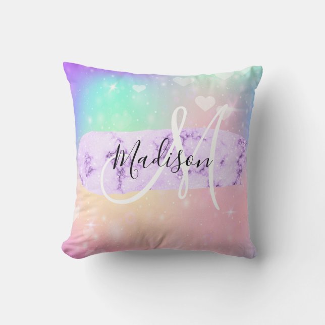 Girly Colourful Unicorn Rainbow Hearts Monogram Cushion (Front)