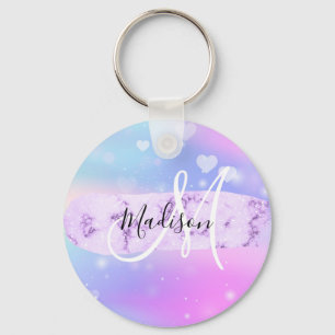 Girly Colourful Unicorn Rainbow Hearts Monogram Key Ring