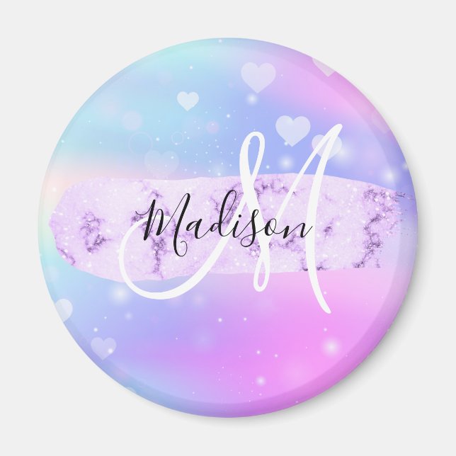 Girly Colourful Unicorn Rainbow Hearts Monogram Magnet (Front)