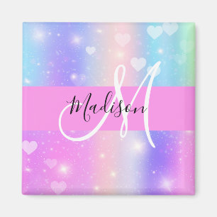 Girly Colourful Unicorn Rainbow Hearts Monogram Magnet