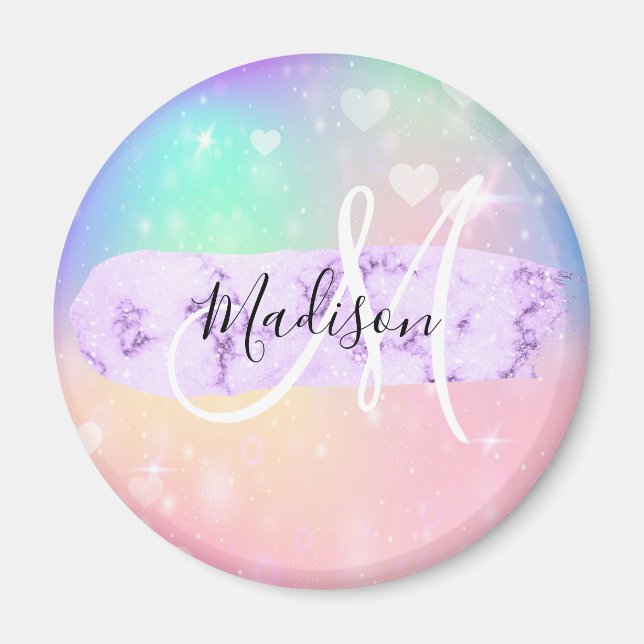 Girly Colourful Unicorn Rainbow Hearts Monogram Magnet (Front)