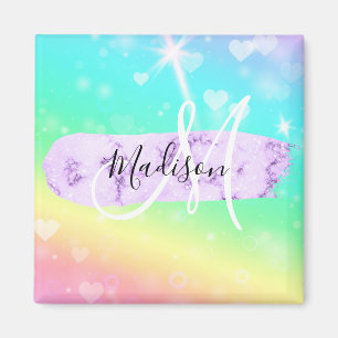 Girly Colourful Unicorn Rainbow Hearts Monogram Magnet
