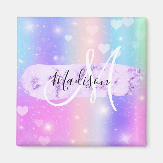 Girly Colourful Unicorn Rainbow Hearts Monogram Magnet (Front)