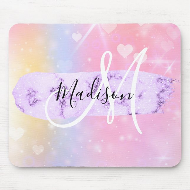 Girly Colourful Unicorn Rainbow Hearts Monogram Mouse Pad (Front)