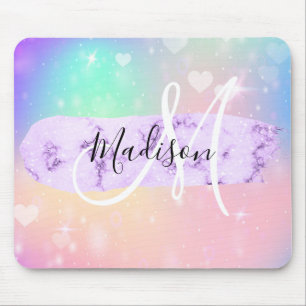 Girly Colourful Unicorn Rainbow Hearts Monogram Mouse Pad