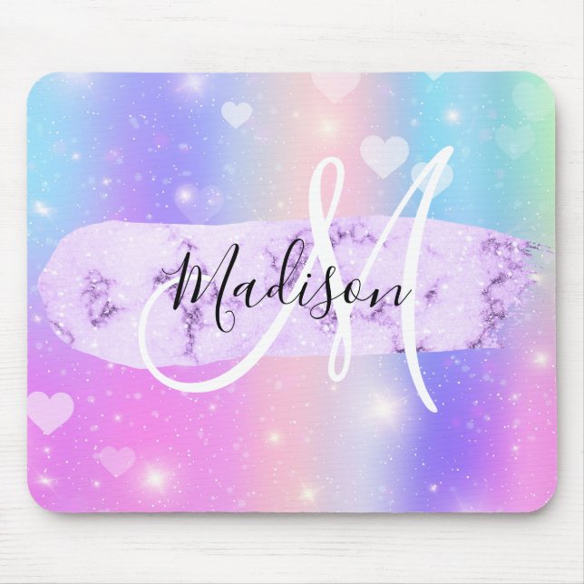 Girly Colourful Unicorn Rainbow Hearts Monogram Mouse Pad (Front)
