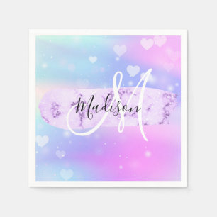 Girly Colourful Unicorn Rainbow Hearts Monogram Napkin