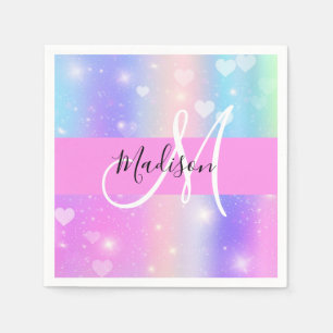 Girly Colourful Unicorn Rainbow Hearts Monogram Napkin