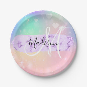 Girly Colourful Unicorn Rainbow Hearts Monogram Paper Plate