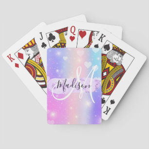 Girly Colourful Unicorn Rainbow Hearts Monogram Playing Cards
