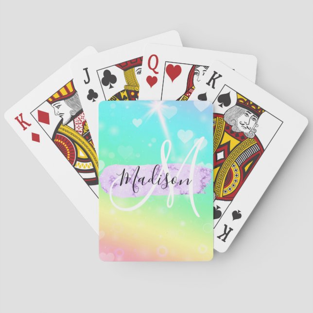 Girly Colourful Unicorn Rainbow Hearts Monogram Playing Cards (Back)