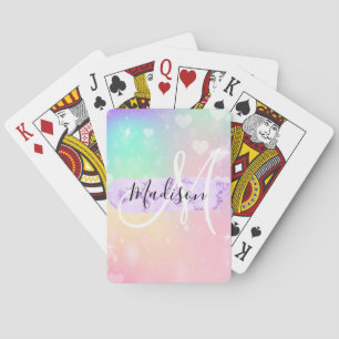 Girly Colourful Unicorn Rainbow Hearts Monogram Playing Cards