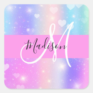 Girly Colourful Unicorn Rainbow Hearts Monogram Square Sticker