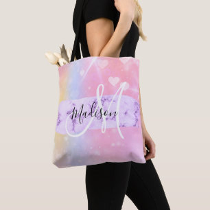 Girly Colourful Unicorn Rainbow Hearts Monogram Tote Bag