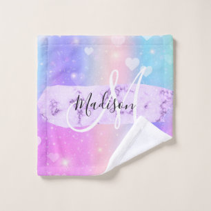 Girly Colourful Unicorn Rainbow Hearts Monogram Wash Cloth