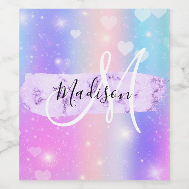 Girly Colourful Unicorn Rainbow Hearts Monogram Wine Label (Single Label)