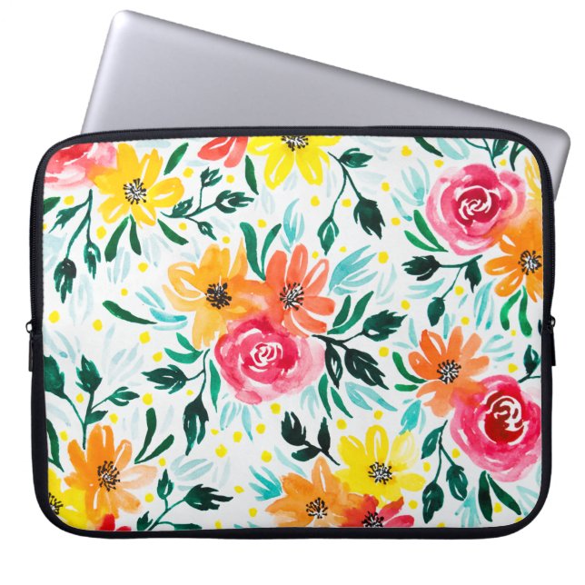 Girly Colourful Watercolor Pink Yellow Flowers Laptop Sleeve (Front)