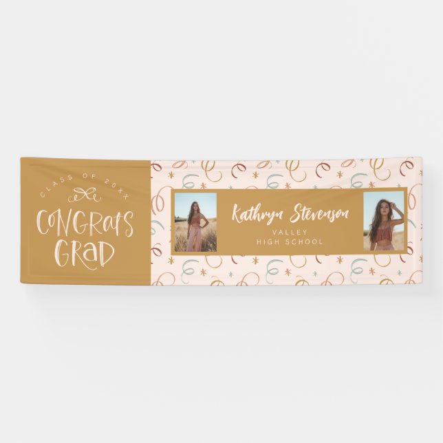 Girly Confetti 2 Photo Congrats Grad Party Banner (Horizontal)