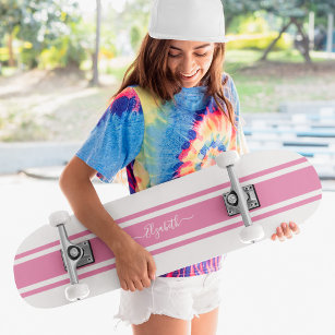 Girly Cool Pink White Racing Stripes Monogrammed Skateboard