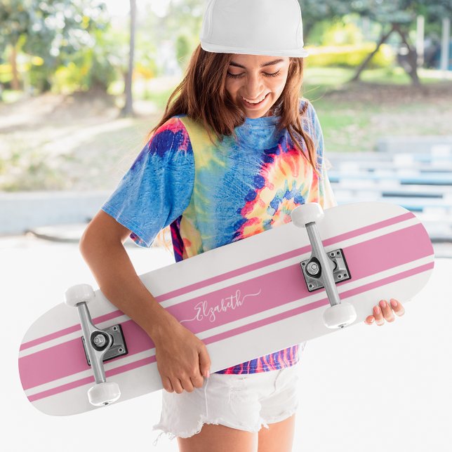 Girly Cool Pink White Racing Stripes Monogrammed Skateboard (Girly Cool Pink White Racing Stripes Monogrammed Skateboard)
