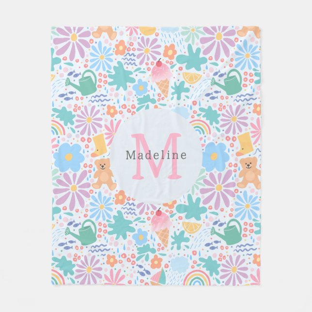 Girly Cool Summer Splash Floral Rainbow Monogram Fleece Blanket (Front)