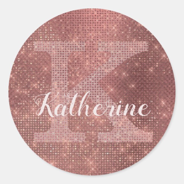 Girly Copper Diamond Sparkle Glam Monogram Name Classic Round Sticker (Front)