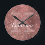 Girly Copper Diamond Sparkle Glam Monogram Name Round Clock<br><div class="desc">This trendy and unique glam girly design features a large customisable monogram in pale copper rose gold in the centre in popular serif typography along with a customisable name in popular script with a hand-lettered look in copper-tinted white. The background includes brushed dark copper rose gold metal and glimmering diamonds...</div>