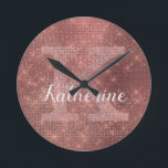 Girly Copper Diamond Sparkle Glam Monogram Name Round Clock<br><div class="desc">This trendy and unique glam girly design features a large customisable monogram in pale copper rose gold in the centre in popular serif typography along with a customisable name in popular script with a hand-lettered look in copper-tinted white. The background includes brushed dark copper rose gold metal and glimmering diamonds...</div>