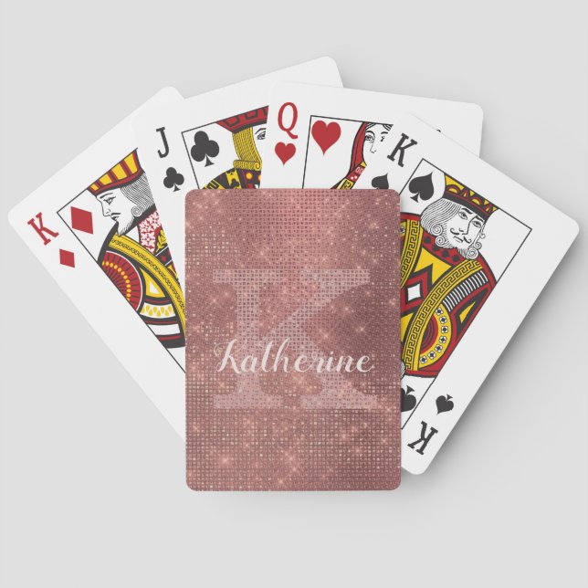 Girly Copper Glitter Diamond Glam Monogram Name Playing Cards (Back)