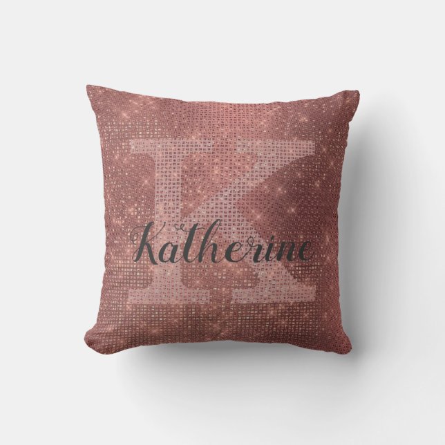 Girly Copper Glitter Sparkle Chic Monogram Name Cushion (Front)