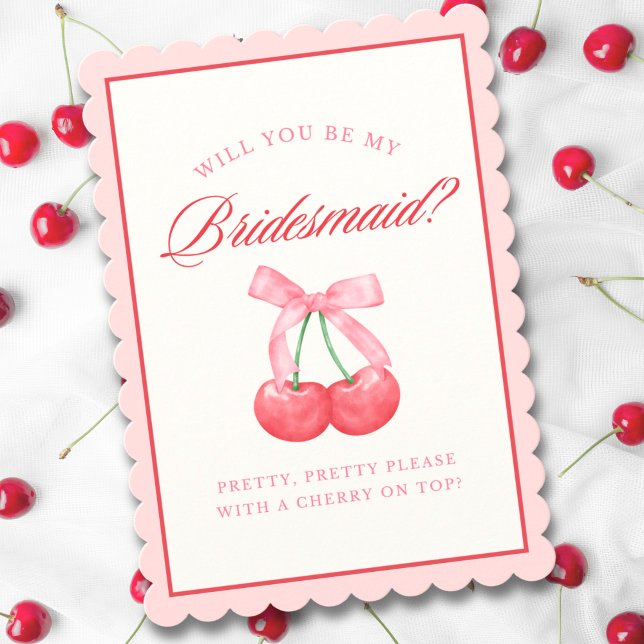 Girly Coquette Bow Cherry Bridesmaid Proposal Card (Creator Uploaded)