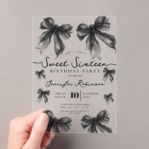 Girly Coquette Bow Sweet 16 Birthday Black Acrylic Invitations