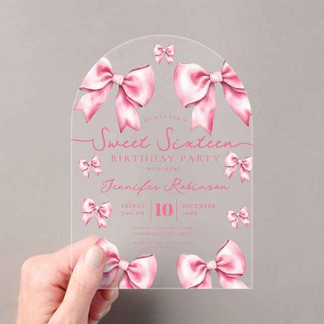 Girly Coquette Bow Sweet 16 Birthday Blush Pink  Acrylic Invitations (Insitu (Handheld))