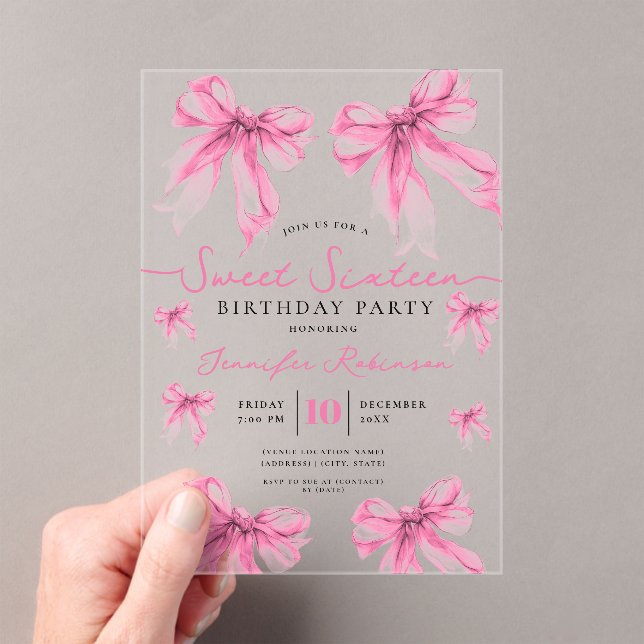Girly Coquette Bow Sweet 16 Birthday Blush Pink  Acrylic Invitations (Insitu (Handheld))