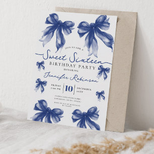 Girly Coquette Bow Sweet 16 Birthday Navy Blue   Invitation