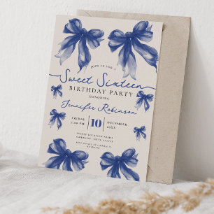 Girly Coquette Bow Sweet 16 Birthday Navy Blue   Invitation