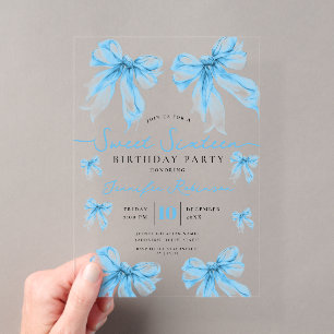 Girly Coquette Bow Sweet 16 Birthday Party Blue Acrylic Invitations