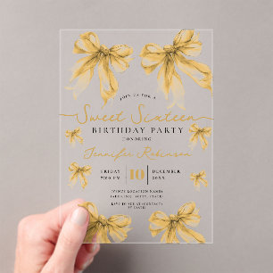 Girly Coquette Bow Sweet 16 Birthday Party Gold Acrylic Invitations