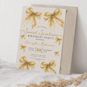 Girly Coquette Bow Sweet 16 Birthday Party Gold  Invitation