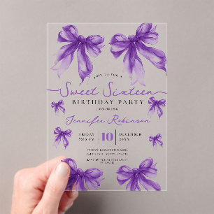 Girly Coquette Bow Sweet 16 Birthday Party Purple  Acrylic Invitations