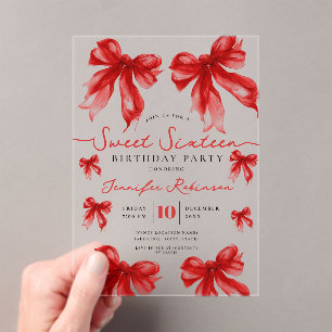 Girly Coquette Bow Sweet 16 Birthday Party Red  Acrylic Invitations