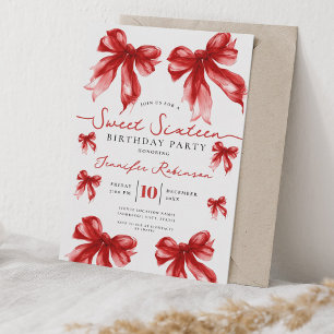 Girly Coquette Bow Sweet 16 Birthday Party Red  Invitation