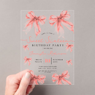 Girly Coquette Bow Sweet 16 Birthday Rose Gold  Acrylic Invitations