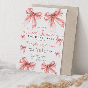 Girly Coquette Bow Sweet 16 Birthday Rose Gold Invitation