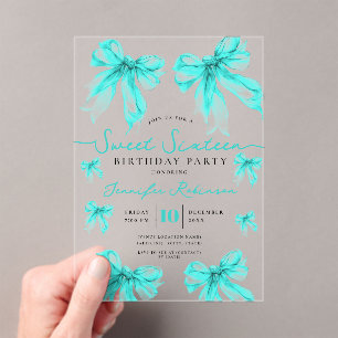 Girly Coquette Bow Sweet 16 Birthday Turquoise  Acrylic Invitations