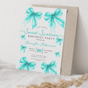 Girly Coquette Bow Sweet 16 Birthday Turquoise  Invitation